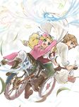  1girl back-to-back bad_id bad_pixiv_id belt bicycle blonde_hair blue_eyes ground_vehicle link long_hair multiple_riders princess_zelda smile the_legend_of_zelda the_legend_of_zelda:_skyward_sword warami 