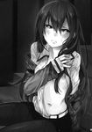  absurdres bangs belt breasts greyscale highres legwear_under_shorts long_hair looking_up makise_kurisu monochrome navel nipples pantyhose rain scan shirt_lift shorts sitting sitting_on_stairs small_breasts solo stairs steins;gate umisato_michiyu undressing wet wet_clothes 