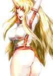  arm_up ass bad_anatomy bad_id bad_pixiv_id blonde_hair bottomless breasts horn hoshiguma_yuugi large_breasts long_hair looking_back open_mouth ouchu_(toustar) red_eyes smile solo star touhou 