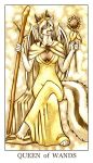  anthro black_fur breasts card cleavage cloak clothed clothing crown dragon dress female feralise flower fur hair horn hybrid lapris mammal membranous_wings mephitid minor_arcana plant queen_of_wands_(tarot) royalty skunk solo staff sunflower tarot_card white_fur white_hair wings 