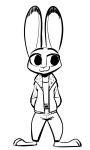  2018 :3 anthro barefoot black_and_white clothed clothing dipstick_ears disney female fuel_(artist) hands_in_pockets judy_hopps lagomorph mammal monochrome open_jacket rabbit simple_background smile solo standing white_background zootopia 