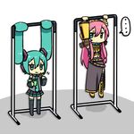  2girls aqua_eyes aqua_hair boots chibi cross-laced_footwear detached_sleeves eating hanging hatsune_miku horizontal_bar kuromine_nakatoki lace-up_boots long_hair looking_at_viewer lowres megurine_luka multiple_girls necktie pink_hair pleated_skirt prehensile_hair pullups side_slit skirt thighhighs twintails vocaloid 