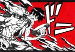  1boy abs black_hair blood color_background fighting_stance grin hat highres injury male male_focus monkey_d_luffy monochrome muscle one_piece open_clothes open_vest red_background smile solo spot_color steam straw_hat vest wristband 