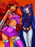  ass ass_focus bad_id bad_pixiv_id belt breasts cape covered_nipples dc_comics forehead_jewel from_behind gorget green_eyes grey_skin impossible_clothes large_breasts long_hair midriff multiple_girls orange_skin purple_hair raven_(dc) red_hair short_hair skirt smile starfire tan teen_titans thighhighs warainaku 
