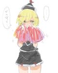  1girl adapted_costume blonde_hair blush cheerleader covering_mouth crescent hat lunasa_prismriver pom_poms sape_(saperon_black) short_hair shy simple_background sketch skirt solo touhou translated white_background yellow_eyes 