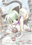  animal_ears between_breasts breast_press breasts building bus cat_ears cat_tail city cleavage crush fang gas_station giantess green_hair heterochromia kemo kneeling motor_vehicle nude open_mouth scarf smile tail vehicle 