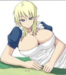 blonde_hair blue_eyes breasts cleavage forest giantess jpeg_artifacts large_breasts looking lying maid maid_uniform nature pointy_ears residence terada_ochiko 