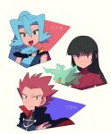  1boy 2girls :d bangs black_cape black_hair blue_bodysuit blue_eyes blue_gloves blue_hair blunt_bangs bodysuit cape character_name clair_(pokemon) closed_mouth commentary_request earrings gloves glowing hand_up highres jacket jewelry lance_(pokemon) long_hair long_sleeves looking_at_viewer multiple_girls open_mouth pokemon pokemon_(game) pokemon_frlg pokemon_hgss ponytail red_hair sabrina_(pokemon) short_hair smile spiked_hair tongue tooth_earrings turtleneck turtleneck_jacket two-tone_bodysuit tyako_089 white_gloves 
