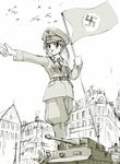  city giantess long_hair military military_uniform military_vehicle monochrome nazi pointing seo_tatsuya smirk swastika tank uniform world_war_ii 
