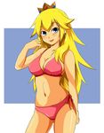  bikini blonde_hair blue_eyes breasts cleavage contrapposto crown earrings jewelry large_breasts long_hair mario_(series) midriff navel pink_bikini princess_peach side-tie_bikini sideboob solo standing super_mario_bros. swimsuit tetora_(kari) 