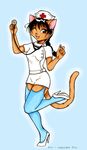  cat feline female fio fio_(character) hair high_heels legwear mammal nurse nurse_hat one_eye_closed pill solo stethoscope stockings wink 