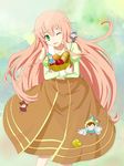  apple bag bread bug_(artist) crossover dress fairy_(jintai) food fruit green_eyes highres jinrui_wa_suitai_shimashita long_hair moyashimon one_eye_closed oryzae-tan pink_hair season_connection smile very_long_hair watashi_(jintai) 