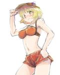  aki_minoriko bare_shoulders bikini_top blonde_hair breasts brown_eyes casual contemporary covered_nipples hand_on_hip hat medium_breasts midriff navel sape_(saperon_black) short_hair short_shorts shorts simple_background smile solo touhou white_background 