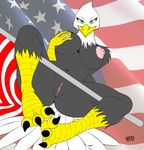  america american_flag avian beak big_breasts bird blue_eyes breasts claws clitoris eagle feathers female flag grey_feathers looking_at_viewer navel nipples nude pussy solo spread_legs spreading zp92 