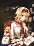  alice_margatroid art_brush blonde_hair blue_eyes book bottle breasts capelet chair cup hairband highres holding jar jewelry kirisame_marisa large_breasts light_smile nail_polish open_book paint paintbrush photo_(object) ring shanghai_doll short_hair sitting solo teacup touhou untsue 