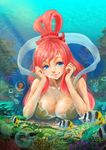  1boy 1girl black_hair blue_eyes breasts bubble chin_rest cleavage coal female fish fishman_island giant giantess hat indian_style long_hair male mermaid monkey_d_luffy monster_girl ocean one_piece open_clothes open_shirt pink_hair scar shirahoshi shirt sitting size_difference smile straw_hat underwater water 