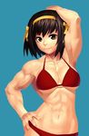  1girl armpits bikini black_hair breasts brown_eyes hips k+ lips muscle short_hair smile solo suzumiya_haruhi suzumiya_haruhi_no_yuuutsu swimsuit underboob wide_hips 