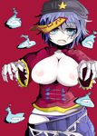  blue_eyes blue_hair breasts breasts_outside cleavage fangs hat jiangshi large_breasts miyako_yoshika nipples ofuda open_mouth outstretched_arms pale_skin panties purple_panties redrose214 skirt solo star touhou underwear zombie_pose 