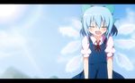  blue_hair bow cirno closed_eyes day do_(4-rt) hair_bow highres hot letterboxed melting short_hair sky solo sun touhou wings 
