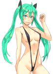  aqua_eyes aqua_hair blush breasts covered_nipples hatsune_miku long_hair looking_at_viewer medium_breasts navel simple_background slingshot_swimsuit solo swimsuit very_long_hair vocaloid white_background yuuji_(and) 