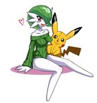  :3 anthrofied breasts clothed_pokemon clothing duo eric_lowery female gardevoir green_hair green_skin hair highres nintendo no_humans pikachu plushie pok&#233;mon pok&#233;morph pokemon red_eyes shirt simple_background ss2_(artist) sssonic2 stuffed_toy sweater video_games white_skin 