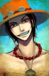  1boy beads blue_background freckles hat jewelry looking_at_viewer male male_focus male_only necklace one_piece oranges-lemons portgas_d_ace smile smiley_face solo teeth topless 