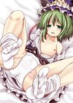  breasts collarbone feet flat_chest green_eyes green_hair hat hat_ribbon kurona legs_up lying nipples no_shoes off_shoulder on_back open_clothes open_shirt panties ribbon shiki_eiki shirt short_hair skirt small_breasts socks solo spread_legs spread_pussy_under_clothes sweat tears touhou underwear white_panties 