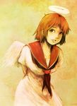  angel_wings arms_behind_back bad_id bad_pixiv_id brown_hair dress haibane_renmei halo nicorosberg07 orange_sailor_collar rakka sailor_collar sepia short_hair solo white_dress wings 