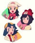  3girls :d bangs beanie black_hair black_shirt bracelet character_name closed_mouth commentary_request dawn_(pokemon) eating food grey_eyes hair_ornament hairclip hand_up hat highres holding jacket jewelry kris_(pokemon) long_hair malasada multiple_girls open_mouth parted_bangs poke_ball_print pokemon pokemon_(game) pokemon_dppt pokemon_gsc pokemon_sm red_headwear red_shirt selene_(pokemon) shirt short_hair sleeveless sleeveless_shirt smile spread_fingers tongue tyako_089 white_headwear white_jacket yellow_headwear 