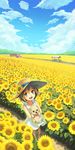  :d aqua_eyes brown_hair bus bus_stop cloud day dog dress field flower flower_field fukukitaru ground_vehicle hat hat_flower hat_ribbon highres holding looking_at_viewer motor_vehicle open_mouth original ribbon short_hair sky smile solo sundress sunflower 
