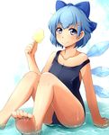  bad_id bad_pixiv_id barefoot blue_eyes blue_hair blush bow cirno collarbone feet food hair_bow hair_ornament hairpin highres holding ice ice_cream ice_wings looking_at_viewer one-piece_swimsuit partially_submerged popsicle school_swimsuit short_hair sitting smile solo strap_slip swimsuit touhou water wet wings yuuichirou_(i_love_hitagi) 