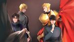  9room armor bad_id bad_pixiv_id blonde_hair brown_hair casual cross cross_kiss curtains dual_persona fate/stay_night fate/zero fate_(series) gilgamesh kotomine_kirei male_focus multiple_boys red_eyes 