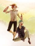  2boys blue_hair bottle buggy_the_clown cheek_pinching clown_nose detached disembodied_limb dismembered duo full_body hat male male_focus male_only multiple_boys one_piece pinching ponytail red_hair sandals shanks sitting standing straw_hat 