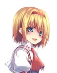  :d alice_margatroid ascot bad_id bad_pixiv_id blonde_hair blue_eyes blush from_side hairband open_mouth oukawa_yuu short_hair simple_background smile solo touhou upper_body white_background 