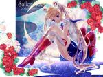  anniversary back_bow bishoujo_senshi_sailor_moon blonde_hair blue_sailor_collar blue_skirt boots bow double_bun elbow_gloves flower gloves knee_boots long_hair looking_at_viewer purple_eyes red_bow red_flower red_rose rose sailor_collar sailor_moon sailor_senshi_uniform skirt solo tiara tsukino_usagi twintails white_gloves yamaguchi_mococo 