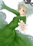  chikado dress green_dress green_eyes green_hair hat outstretched_arm short_hair sketch smile soga_no_tojiko solo tate_eboshi touhou 