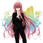  adjusting_clothes adjusting_necktie ahoge asami_(undoundo) bespectacled blue_eyes business_suit formal glasses hand_in_pocket highres long_hair looking_at_viewer megurine_luka necktie pant_suit pants pink_hair smile solo suit very_long_hair vocaloid 