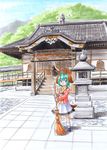  ahoge animal_ears broom green_hair hijiri_byakuren houjuu_nue kasodani_kyouko kawachi_koorogi marker_(medium) multiple_girls murasa_minamitsu short_hair skirt stone_lantern temple touhou traditional_media 