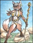  canine clothed clothing egyptian female fox hair jewelry mammal midriff polearm skimpy solo staff stephanie_stone 