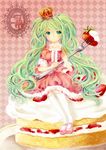  argyle argyle_background cake crown dress food fork fruit green_eyes green_hair hatsune_miku high_heels in_food jewelry kneehighs long_hair mary_janes minigirl necklace shoes sitting solo strawberry twintails very_long_hair vocaloid yukise_miyu 