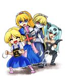  alice_(megami_tensei) alice_(queen's_gate) alice_margatroid alice_margatroid_(pc-98) bangs blonde_hair blue_eyes blue_hair book child crossover dress hair_ribbon hairband long_hair megami_tensei multiple_crossover multiple_girls namesake pale_skin queen's_gate red_eyes ribbon shin_megami_tensei touhou touhou_(pc-98) twintails 