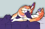  anthro bed blue_eyes blush breasts brown_hair canine dog duo female fur hair kalida kalida_(character) lying male mammal nude on_back orange_fur peeking purple_hair red_eyes side_boob straight unknown_species 