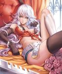  banned_artist bed black_gloves black_legwear blue_eyes breasts elbow_gloves flower gloves lavender_hair long_hair medium_breasts mismatched_legwear multicolored_hair original petals rose silver_eyes silver_hair solo striped thighhighs two-tone_hair white_legwear yinan_cui 