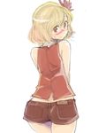  aki_shizuha alternate_costume ass bare_shoulders blonde_hair blush casual from_behind hair_ornament leaf_hair_ornament looking_back red_eyes sape_(saperon_black) short_hair short_shorts shorts simple_background solo touhou white_background 