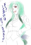  copyright_request green_hair hand_on_hip jason_(kaiten_kussaku_kikou) long_hair open_mouth red_eyes smile solo translated very_long_hair 