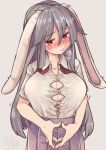  aioi_aoi animal_ears blush breasts bunny_ears bursting_breasts button_gap buttons cleavage collarbone commentary_request ears_down eyebrows_visible_through_hair hair_between_eyes heart heart-shaped_pupils large_breasts lavender_hair long_hair looking_at_viewer pleated_skirt red_eyes reisen_udongein_inaba simple_background skirt solo sweat symbol-shaped_pupils touhou upper_body very_long_hair watermark 