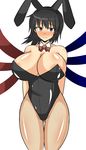  1girl animal_ears areolae bare_shoulders black_hair breasts bunny_costume bunny_ears bunnysuit cleavage curvy female fishnets highleg houjuu_nue mound_of_venus musuka_(muska) red_eyes short_hair simple_background solo standing thigh_gap thighs touhou white_background 