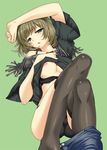  alternate_legwear bare_shoulders black_legwear black_panties blue_eyes blush breasts fringe_trim green_background green_hair hand_on_forehead idolmaster idolmaster_cinderella_girls lying medium_breasts miyashiro_sousuke mole mole_under_eye nipples off_shoulder on_back open_mouth panties short_hair short_shorts shorts simple_background solo strap takagaki_kaede thighhighs underboob underwear 