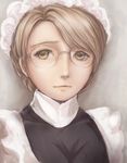  1girl bangs braid brown_eyes brown_hair closed_mouth emma_(victorian_romance_emma) eyelashes glasses grey_background hat lips looking_at_viewer maid maid_headdress portrait rimless_eyewear short_hair solo swept_bangs updo victorian_romance_emma 