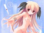  :d bikini blonde_hair breasts eighth_note lilia_doll long_hair mahjong medium_breasts momoiro_taisen_pairon musical_note nagato_tamakichi open_mouth red_eyes revision smile solo speech_bubble spoken_musical_note swimsuit tenbou throwing 